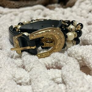 Genuine leather Black cream and Gold large bead belt.